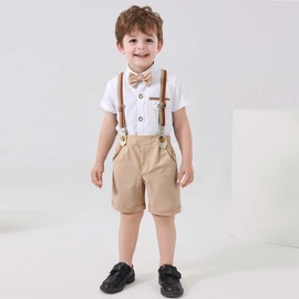 Boarnseorl Baby Boys Gentleman Outfits Shorts Sets,Infant Shirt + Shorts + Bow Tie + Suspenders,18-24M