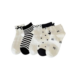 Verdusa Women's 5 Pairs Boho Bow Embroidered Mid Calf Sock Cute Ruffle Athletic Running Crew Socks Black and White One-Size