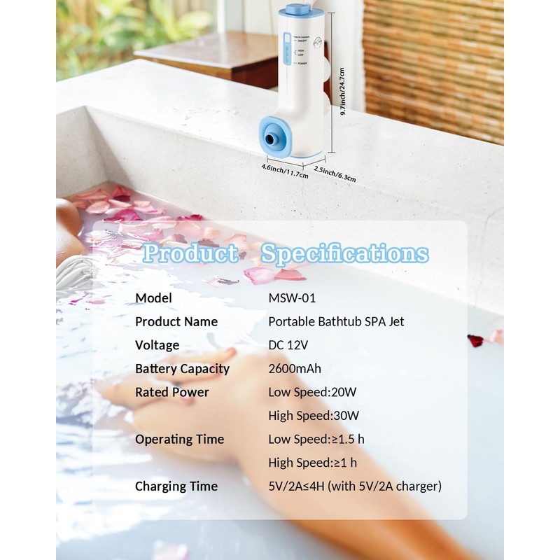 KokoSelene Rechargeable Bath Jets for Tub, Portable Jet Spa for