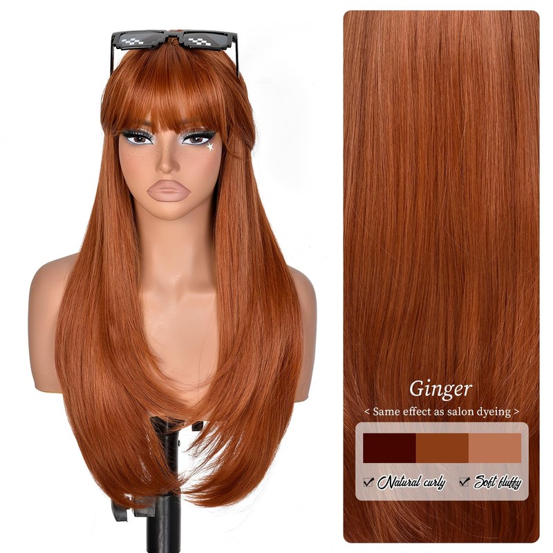 Long Layered Ginger Wig with Bangs Straight Synthetic Wig for