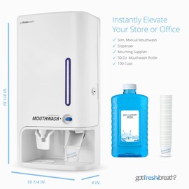 GotFreshBreath Commercial Mouthwash Dispenser with Cup Holder – Standing or Wall-Mounted, Slim, Commercial Mouthwash Dispenser with 100 Cups & 50 Oz. Alcohol-Free Mouthwash (White)