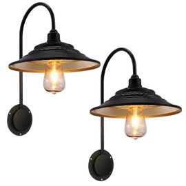 XIFEINIU Solar Barn Lights for Outside, 2PCS Waterproof Solar Wall Light Fixture, Rustic Vintage Metal Gooseneck Wall Mount Outdoor Lights with Gold Interior, for Outdoor Barn Shed Farmhouse Porch