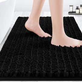 ACCUMTEK Upgrade Luxury Black Bathroom Rug Mat 32"x20", Ultra Soft Thick Absorbent Bath Mats, Non Slip Chenille Toilet Mat for Bathroom, Bedroom, Kitchen, Shower, Tub