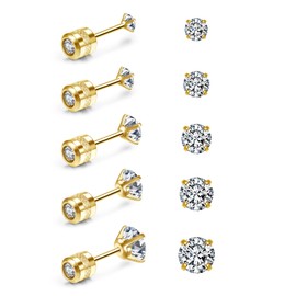 JSDDE 5 Pairs Gold Screw Back Stainless Steel Stud Earrings for Women Men Cubic Zirconia Studs Double Side Earrings Piercing Sleeper Studs Jewelry 2mm-6mm