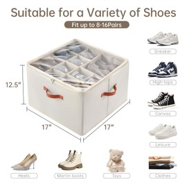 INSTY Shoe Organizer for Closet, 2 Pack Foldable Shoe Storage Containers, Fits up to 16-32 Pairs, Adjustable Dividers for Shoe Storage, Fabric Shoe Storage Bins with Clear Cover, Beige