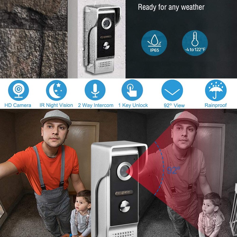 Video Intercom System, 7 Inches Monitor Wired Video Door Phone