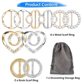 10 PCS Scarf Rings for Women, T-Shirt Tie Clips with 1 Storage Bag, Pearl Belt Buckles, Dress Cinch Clip, Silk Scarf Ring, Pearl/Heart-Shaped Buckles For Clothes Hat Belt Decor