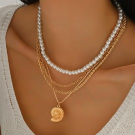 Starfish Neckalce for Women Gold Seashell Necklace Pearl Chain Conch Cowrie Shell Neckalces Beach Necklaces Summer Vacation Boho Beach Jewelry for Women (7-4layer pearl choker seashell pendant)