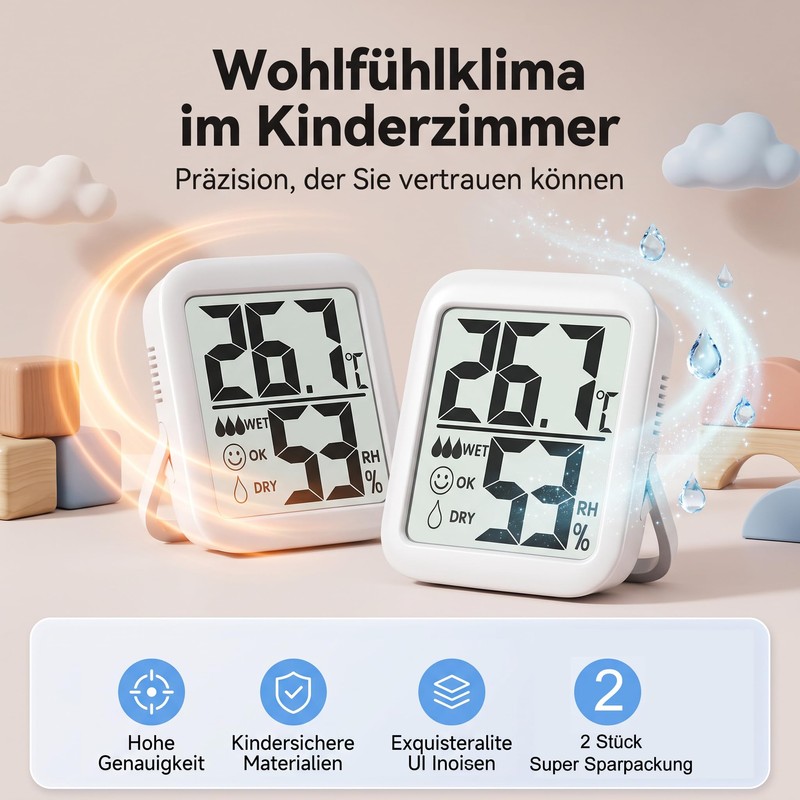 Antonki Set of 2 Thermometers, Hygrometers, Indoor Room Thermometer