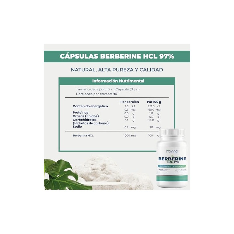 NAIMA Berberine HCL 97%, 100 Cápsulas | Suplemento Alimenticio 100%