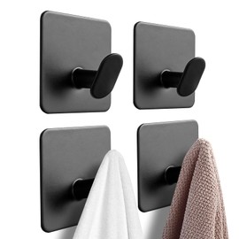 Axwnh 4 Pcs Adhesive Hooks - Towel/Coat Hooks Wall Hook Stick on Bathroom or Kitchen (Matte Black, Steel)