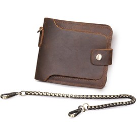 Le'aokuu Men's Genuine Genuine Leather Bifold Horizontal Standard Snap Chain Wallet Purse 406 (Brown), brown, M, Genuine Leather