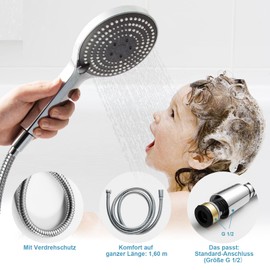 OFFO Shower Head with Hose 1.6 m, Shower Head with Hose with Twist Protection, Large Shower Head with 6 Jet Types, Shower Head Water-Saving, Shower Hose with Shower Head for Bathing, Chrome