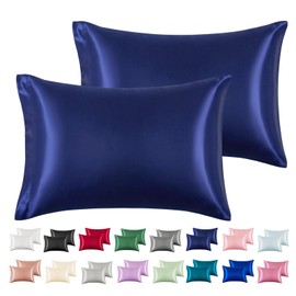 Silk Satin Pillowcase Standard Size, Navy Blue Silky Soft Cooling Satin-Silk Pillow Cases for Hair and Skin with Envelope Closure, Gift for Women Men, 2 Pack (20x26, Navy Blu)
