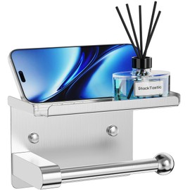 StackTastic Silver Toilet Paper Holder with Shelf - Wall Mount, Rustproof, Install with Adhesive or Screws, Fits Double Rolls, Ideal for Bathroom, Kitchen, Washroom & RV