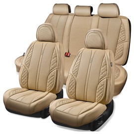 CAR PASS Nappa Leather Car Seat Covers Full Set Waterproof Protector Durable Cushioned,Universal Fit for Sedan SUV Pick-up Truck,Automotive, Anti-Slip and Backseat Luxury Premium (Light Beige)