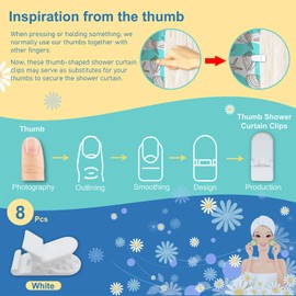 Thumb Shower Curtain Clips, Shower Splash Guard Holders, Bathtub Curtain Liner Clips for Windproof & Splash Water (White-8 Pack)