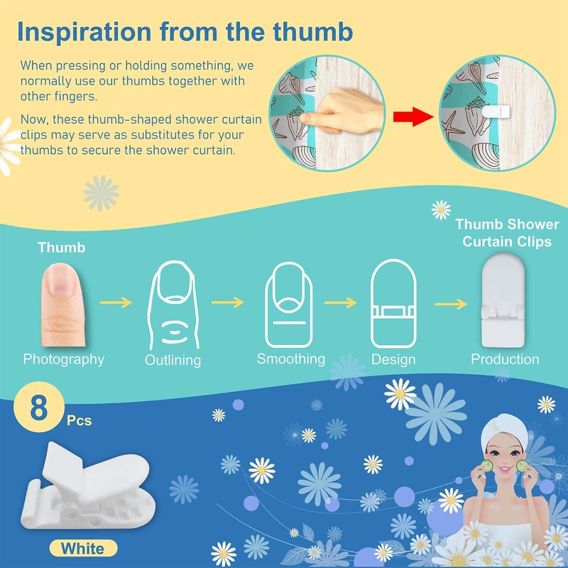 Thumb Shower Curtain Clips, Shower Splash Guard Holders, Bathtub Curtain