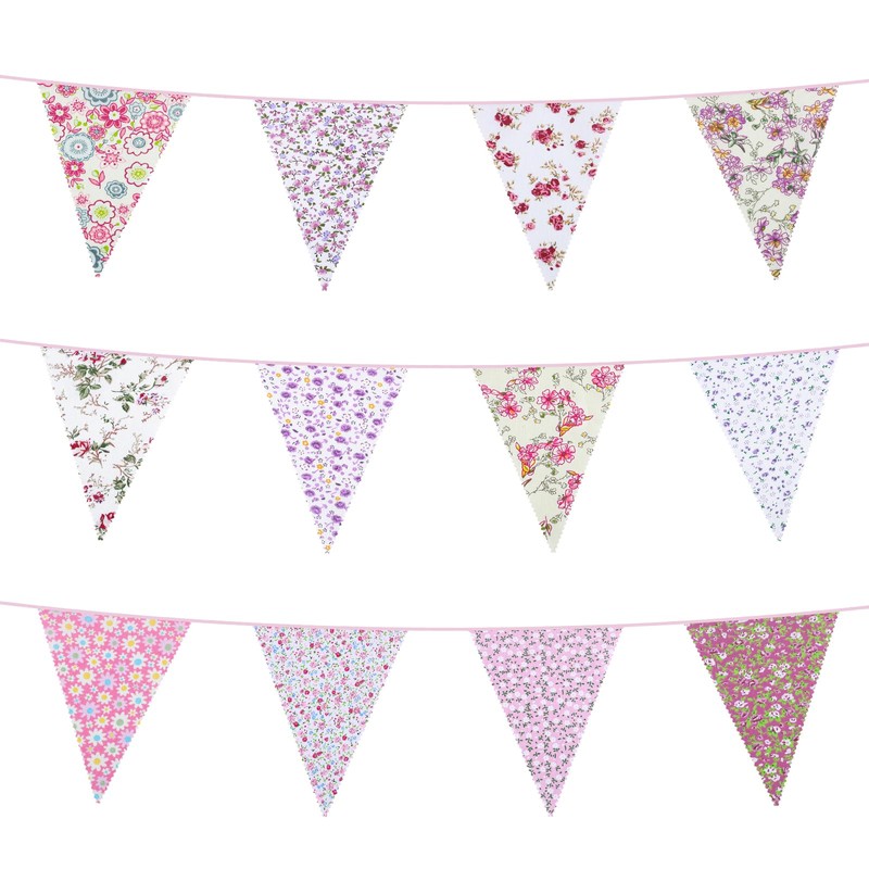 15M/50Ft Triangle Bunting Banner, 45 Pcs Pink Cotton Fabric Flags