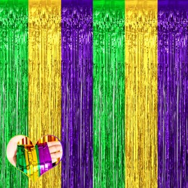 4 Pack Gold Green Purple Fringe Curtain Backdrop, 3.2Ft x 6.6Ft Metallic Tinsel Foil Fringe Streamers Curtains for Photo Booth Birthday Wedding Baby Shower Party Bridal Bachelorette Decorations