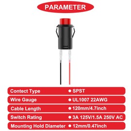 MKBKLLJY 12Pcs 12mm Latching Red Mini Push Button Switch AC 250V/1.5A 125V/3A SPST 2Pin Snap-in Design Micro Round Switch with Terminal Wires and Wiring Cap for Car Boat PC Table Lamp DIY Model