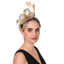 Haoijng Fascinators Hat for Women Cocktail Tea Party Headwear Flower Mesh Ribbon Feathers Headband (UK, Alpha, M, B1-Gold)