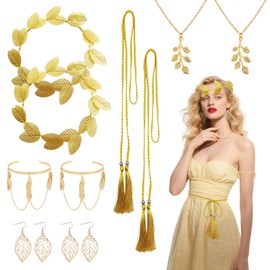 FUIPVGI 10 Pieces Greek Goddess Costume Accessories Set, Ancient Greek Costume Girls Include Golden Laurel Leaf Headpiece, Necklace, Earring, Waist Chain, Arm Ring, Women's Wedding Party Set (Gold)