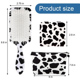 PLKDJDM 3Pack Cow Print Hair Brush Paired with Portable Mirror and Makeup Bag, Hair Detangling Brush Anti Static Massage Comb Hairbrush for All Hair Types, Cow Print Accessories Gifts for Girls Women