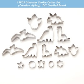 Large Stainless Steel Dinosaur Cookie Cutters 15 Piece Set: Tyrannosaurus (T-Rex), Brontosaurus, Triceratops, Pterodactylus, Dinosaur Footprint and More Cookie Cutters