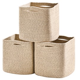 Dcerzxzci 11 Inch Cube Storage Bins, Organizing Bins for Cube Organizer, Storage Baskets for Organizing, Woven Storage Basket for Shelves, Cotton Rope Toy Baskets Storage Kids, Brown (Pack of 3)
