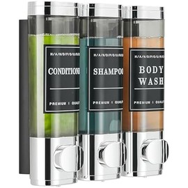 Shower Soap Dispenser Wall Mounted No Drill Shampoo Dispenser for Shower Wall Shampoo and Conditioner Dispenser Bathroom Hotel 3 * 300ml Chrome with Labels