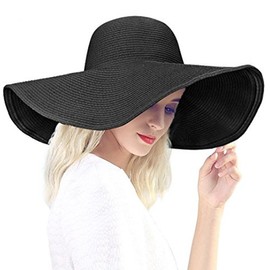 Baonmy Sun Hat for Women Ridge Wide Brim Sun Hat Beachwear Summer Straw Hat UV Protection Black