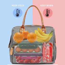 FlowFly Insulated Lunch Bag Wide-Open Lunch Box Large Tote Leakproof Cooler with Drink Holder and Multi Pockets for Women Men Adult Kids Work Picnic Travel Beach Hiking, White Black Stripes