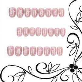 TBRZTR Flower Press on Nails Oval Shaped Medium Pink Floral Pattern Design Cat Eye False Nail Full Cover Glossy Artificial Stick on Nail Acrylic Press Ons Glue on Nails for Women 24Pcs