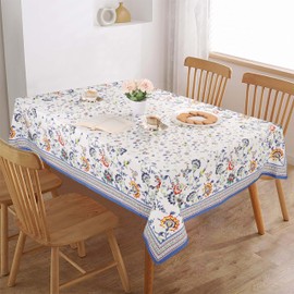 FINGERCRAFT Tablecloth 100% Cotton Floral Table Cover Washable Decorative Linen for Home Camping Outdoor Picnic Dining Table 60 x 60 Inch Blue Floral