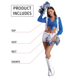Maxim Party Supplies Blue Star Cheerleader Costume, Embroidered 4-Piece Set, Women's Outfit with Vest, Top, Shorts, Belt (Small)