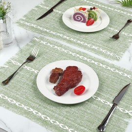 Privalace 18'' x 12'', Cotton Linen Placemats Set of 6 with Tassel Washable Rustic Boho Table Mats for Dining Table Farmhouse Kitchen Decor, Sage Green