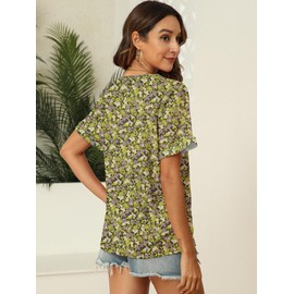 EyMuse Beach Vacation Clothes for Women 2025 Casual Short Sleeve V Neck Graphic Printed Tunic Tops Loose Fit Shirts Outfits, Yellow Print,L