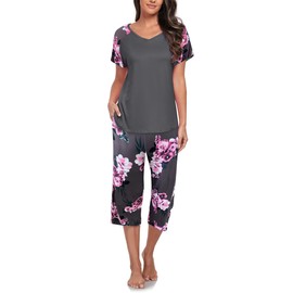 Famulily Womens Pyjamas Short Sleeve Sleep Tee and Comfort Wide Leg Cropped Pant 2 Pieces Dark Grey M