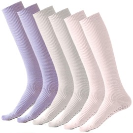 Dress Cici Cotton Knee High Non Slip Socks for Pilates and Yoga, Solid Color Cotton Slipper Sock for Women (3 Pack: Khaki+Pink+Purple)