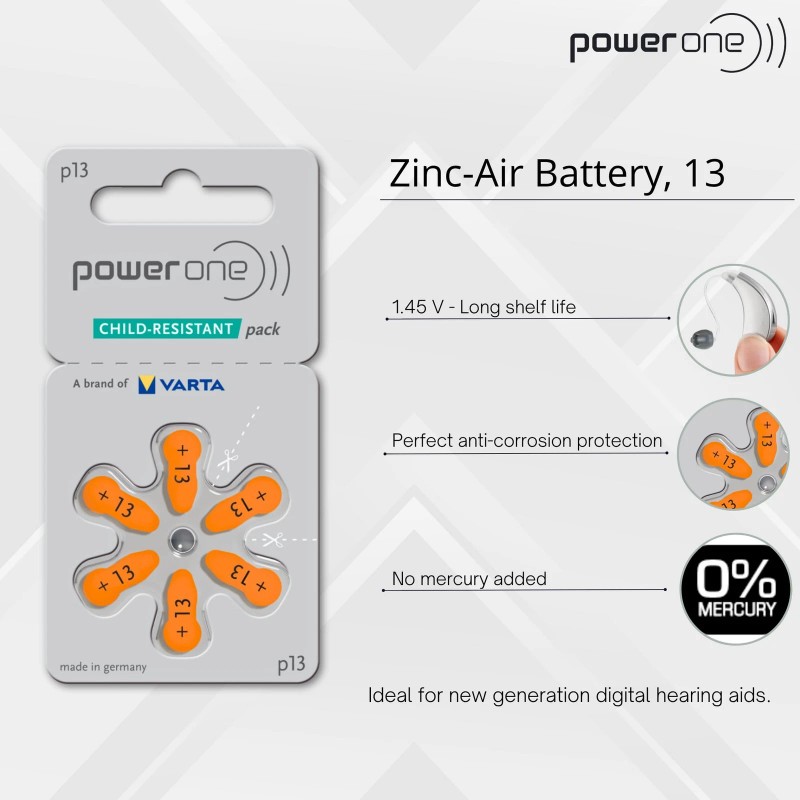 Powerone P13 Hearing Aid Batteries 6 Pack Long Lasting Zinc