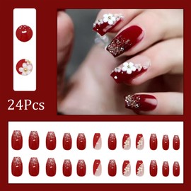 Red Press on Nails Short Coffin Fake Nails with White Flowers Pearls Designs Nails Press ons Acrylic Nails Glitter French Tip Glue on Nails Artificial Nails Floral Stick on Nails for Women 24Pcs