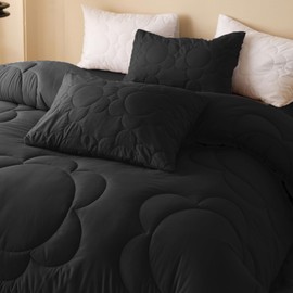 CLOTHKNOW Black Queen Comforter Set 3Pcs Daisy Puff Bedding Comforter Sets Black Boho Queen Comforter Soft Black Queen Size Comforter Sets