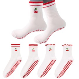 2 Pairs Cherry Cute Grippy Socks, Non-Slip, Pilates Grip Socks for Women Yoga Grippy Ruffle Cuff Embroidery Pattern Workout Ballet