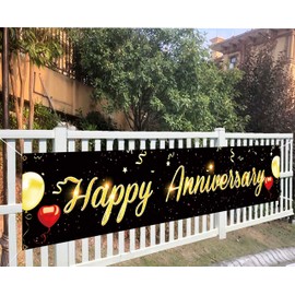 HHERCICIM Happy Anniversary Large Banner Wedding Anniversary Banner Black Gold Outdoor Sign Decorations House Flag Anniversary Holiday Party Polyester Outdoor Decor with Brass Grommets 8.2x1.64 Ft