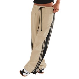 Fisoew Womens Wide Leg Pants Drawstring High Waisted Striped Baggy Palazzo Track Pants with Pockets Light Khaki