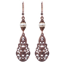 Lacy Filigree Drop Earrings with Ivory-Colored Austrian Crystal Simulated Pearls in Antiqued Copper