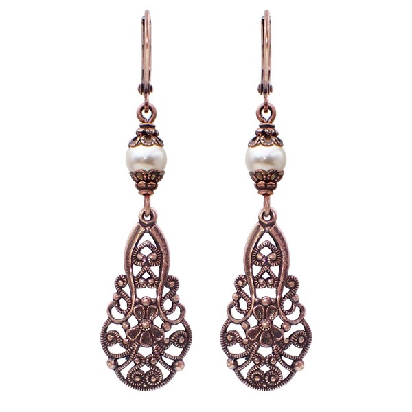 Lacy Filigree Drop Earrings with Ivory-Colored Austrian Crystal Simulated Pearls