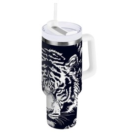ALAZA White Tiger Portrait 40 oz Tumbler Stainless Steel Water Bottle Vacuum Insulated Cup with Straw Lid & Handle For Travel Car Cup Holder