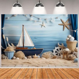 Nautical Rudder Theme Baby Birthday Background - Sailboat, Ocean, Beach, Pirate Party - Sailing Backdrop, 7x5 Feet